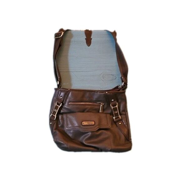NWOT TYLER RODAN Chocolate Brown Purse, Black and Gold Detail Satchel Preowned - Picture 2 of 11